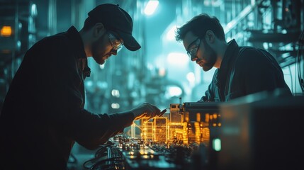 Electricians testing circuits with multimeters, close up, industrial backdrop, sharp tones, double exposure silhouette with testing equipment and electrical grids