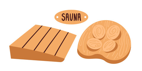 Sauna equipment silhouette icons set. Isolated on white sign kit of bathhouse. Spa cedar headrest collection includes wood sauna tools . Simple contour symbol. Sauna attributes vector icon shape