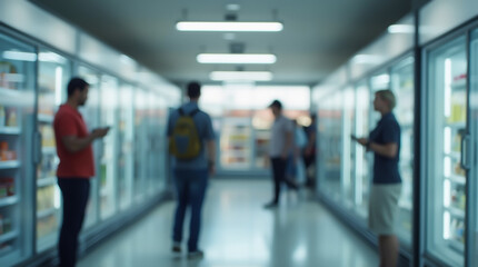 The image shows shoppers in a supermarket standing in an aisle between rows of refrigerators with beverages