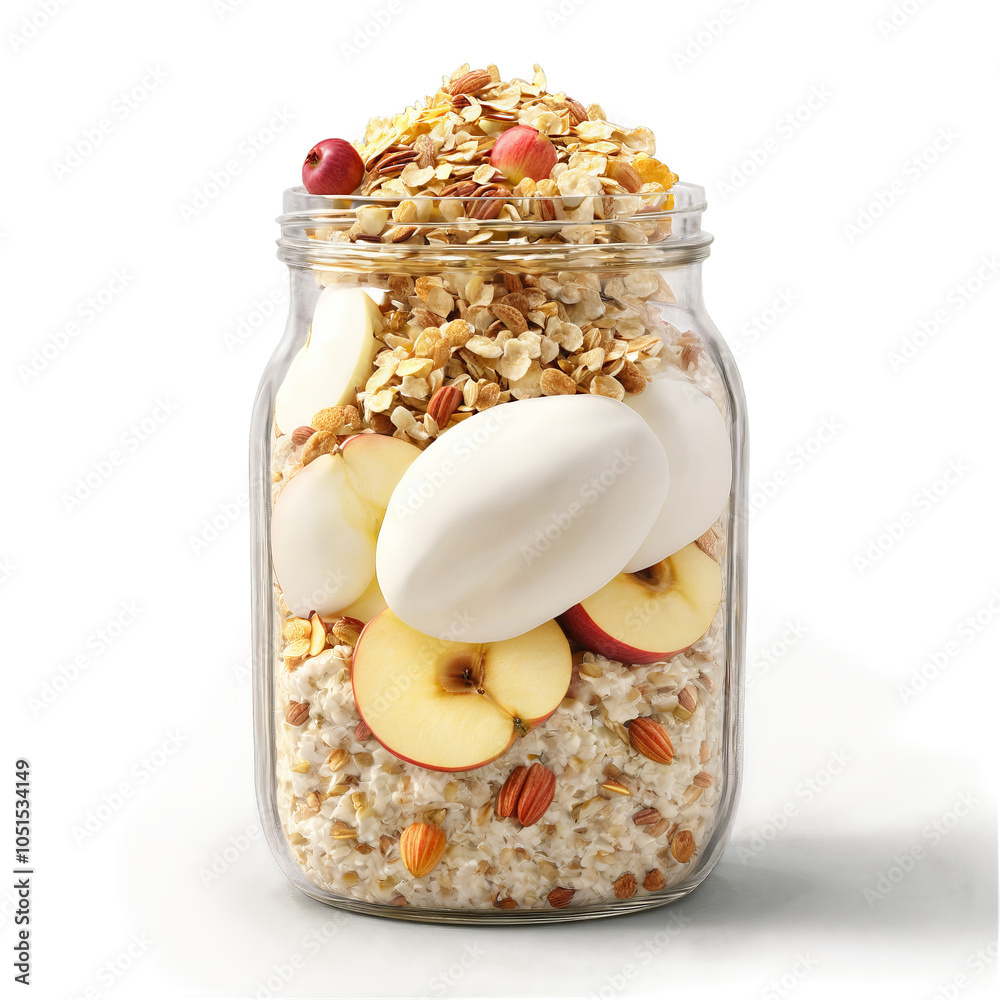 Wall mural Bircher muesli hearty cereal in glass jar grated apple fluff Food and Culinary concept