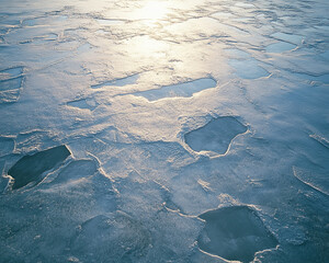 Frozen lake with patches of clear ice reflecting sunlight, creating serene and tranquil atmosphere. icy surface showcases unique patterns and textures, inviting exploration