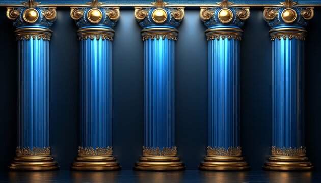 Five Ornate Blue and Gold Columns Against a Dark Background