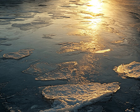 serene frozen lake with patches of clear ice reflecting warm glow of setting sun. tranquil scene captures beauty of winters icy landscape