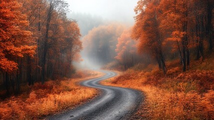 Obraz premium Misty Winding Road Through Autumn Landscape