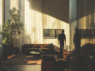 Designers arranging furniture in a living room, focus on balance, clean space, natural lighting, double exposure silhouette with sofas and coffee tables