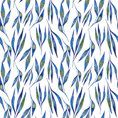 Tea leaves seamless watercolor floral pattern