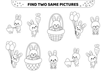 Find two same pictures. Black and white. Easter bunnies. Game for children. Vector.