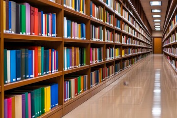 Vibrant Library Bookshelves: Colorful Books in a Modern Library Interior Offering a Peaceful Reading Space