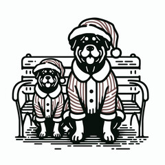 Naklejka premium Festive Rottweilers in Santa Claus Costumes Sitting on a Bench Ready for Christmas Cheer