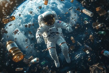 Astronaut Floating Amidst Orbital Debris in Space Environment