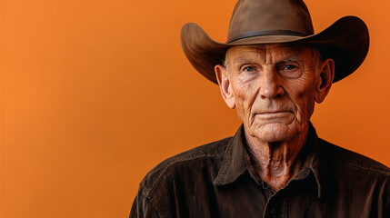 Wise older man in a cowboy hat with a rugged look against a burnt orange background. v4