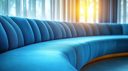 Obraz premium Cozy pastel blue curved sofa with soft upholstery in warm natural light creating inviting shadows