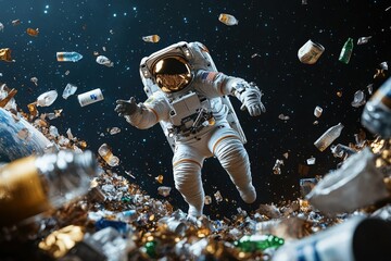 Fototapeta premium Astronaut Floating Amidst Space Debris: A Call for Environmental Awareness