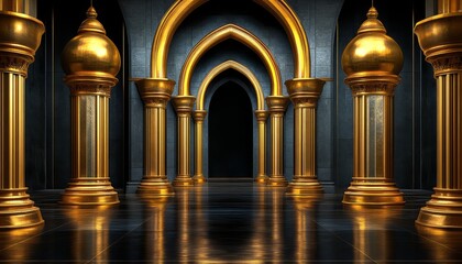 Fototapeta premium Golden Columns and Arched Entryway in a Grand Hall