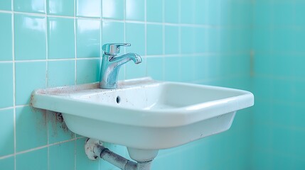 Fototapeta premium A bright aqua bathroom sink exploring retro design in home interiors with vintage aesthetic appeal
