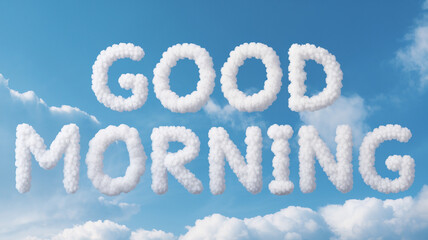 Naklejka premium clear light blue spring sky with fluffy white clouds shaped into the words 'good morning'' only the words are formed by clouds with no additional clouds in the sky