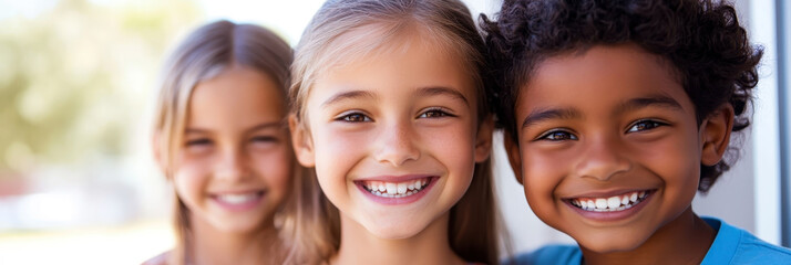 Three smiling children. Happy girls and boys. Dental treatment. Vertical banner. Copy space. National Children's Dental Health Month. Dental care concept.
