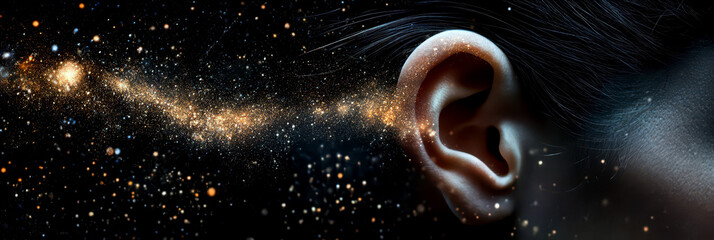 Celebrate world hearing day with cosmic energy surrounding a human ear - listening, awareness, and soundscape concepts. World Hearing Day. International Day of the Deaf. Ear care concept. Copy space