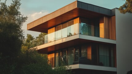 Obraz premium Modern minimalist two-story house with wooden trim and glass balconies