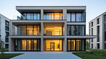 Modern three-story building with concrete finish and large glass windows