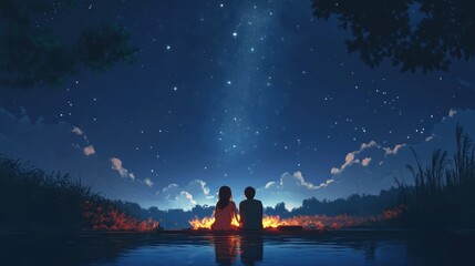 Serene night: anime couple by a campfire under starry sky, lo-fi,