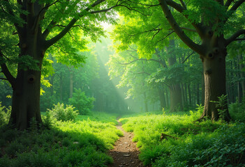 Obraz premium A green forest with a sun-drenched path winding between the trees, conveying the tranquility of nature