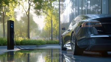 Fototapeta premium Plugging the cable into an EV at a fast charger. Electric car charging at tech company in modern urban setting