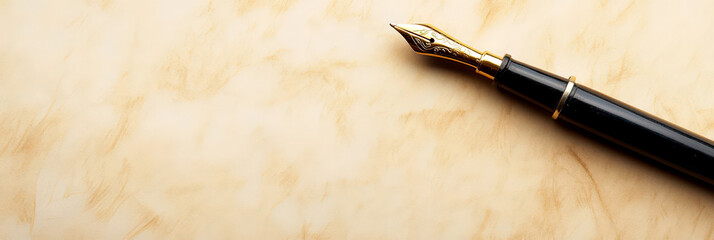 Elegant fountain pen on vintage paper background celebrating world writer day. World writer day. Horizontal banner. Copy space. World Poetry Day. Literacy Day. Knowledge Day