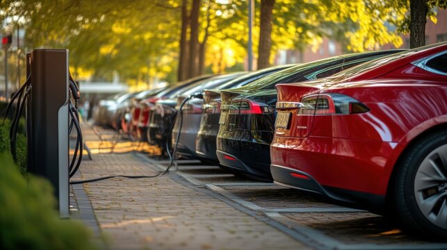 Electric vehicles at fast charging station in urban setting, clean energy concept