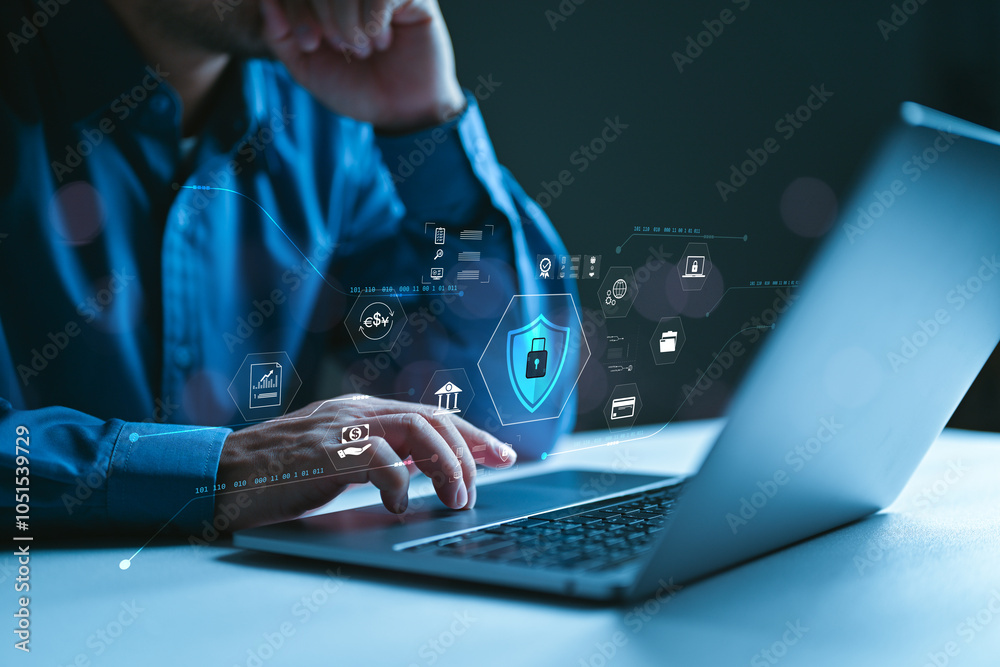 Poster Cybersecurity and privacy concepts to protect data. Global network security technology, business people protect personal information. Encryption with a padlock icon on the virtual interface.