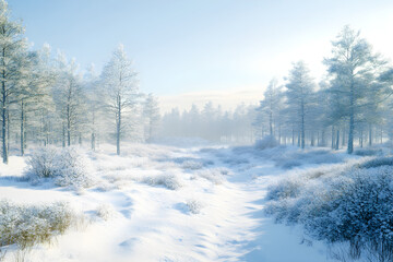 Obraz premium winter coniferous forest covered with snow in evening. AI generative.