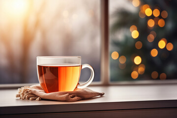 Obraz premium Warm tea by the window offers relaxation and comfort during a quiet winter day indoors.