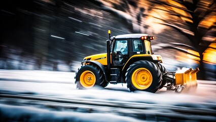 Yellow tractor plowing snow on winter farm at sunset - agriculture and farm equipment in action