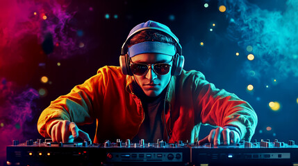 Energetic dj mixing music with vibrant lights for disk jockey day celebration. International DJ Day. World Music Day. International Reggae Day