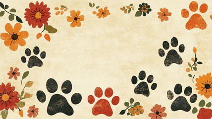 Fototapeta premium background with flowers and paws, light color