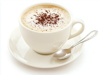 A cup of cappuccino with cocoa and a spoon on a saucer on white background