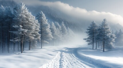 Fototapeta premium Serene winter landscape with snow-covered trees and a winding path.