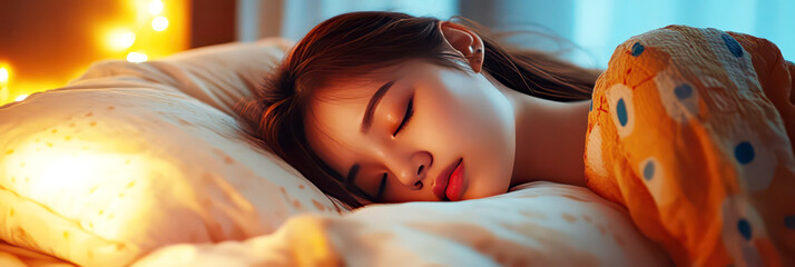 World Sleep Day. Young asian woman sleeping in bed. Rest and relax. Horizontal banner. Copy space. Awareness about importance of sleep and insomnia problem