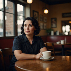 Plus Size Woman Confidently Enjoying Coffee at Cozy Vintage Cafe Joyful Expression mid-forties sipping espresso, chic outfit