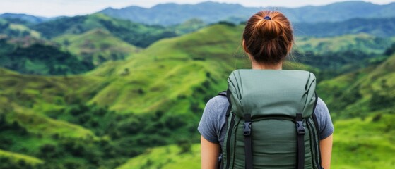 Person hiking in lush green mountains, enjoying nature and adventure.