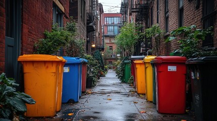 Colorful Trash Bins in Urban Alley