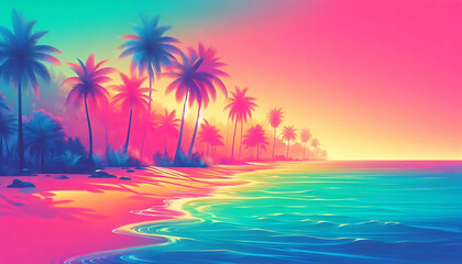 Vibrant Tropical Beach at Sunset with Palm Trees