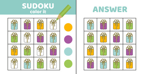 Fototapeta premium Sudoku. Gift. Coloring sudoku with cute gifts. Cartoon