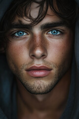 Fototapeta premium stunningly handsome young man with wavy dark hair and piercing blue eyes, wearing a hood , slightly tanned skin. He has strong facial features, a masculine jawline, high cheekbones, thick eyebrows