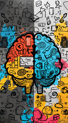Fototapeta premium Left right human brain concept. Creative part and logic part with social and business doodle
