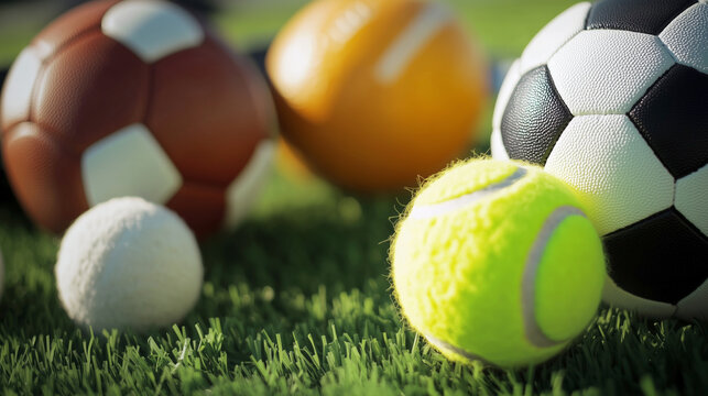 Close-up of various sports balls on grass: soccer, basketball, tennis, more