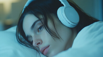 A young woman relaxes in bed with her headphones on, enjoying calming music, creating a peaceful atmosphere for a good night's sleep