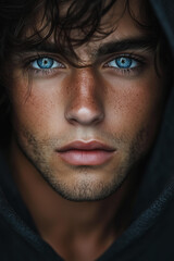 Obraz premium stunningly handsome young man with wavy dark hair and piercing blue eyes, wearing a hood , slightly tanned skin. He has strong facial features, a masculine jawline, high cheekbones, thick eyebrows