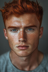 beautiful young man with red hair and freckles, featuring a very short undercut on the sides, blue eyes, and a grey background