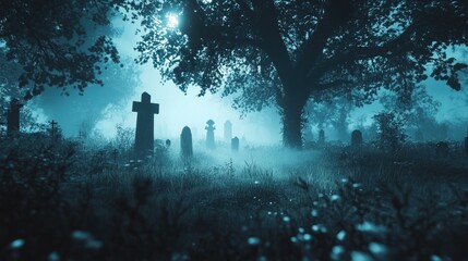 Trees and Gravestones Silhouetted in a Thick Pale Mist. Night scene in Creepy Cemetery. Halloween Concept